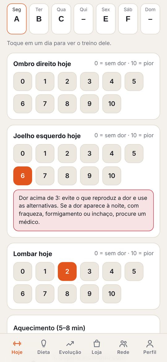 Tela de hoje com o nível de dor por região do corpo
