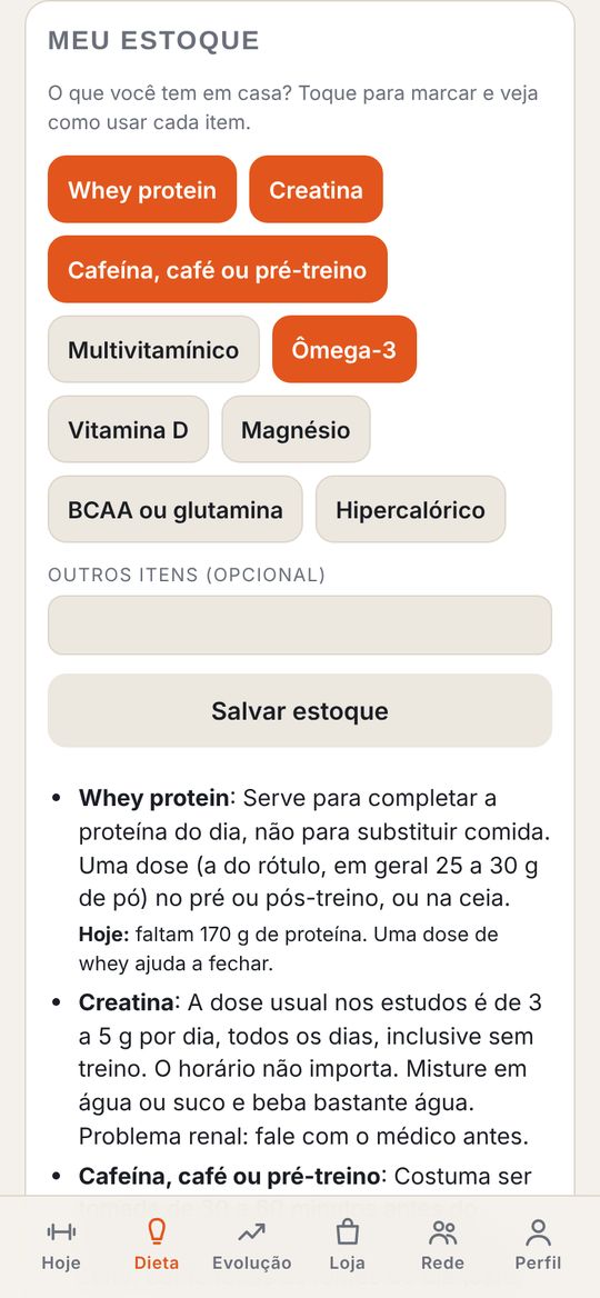 Tela da dieta com a lista de suplementos que a pessoa tem em casa